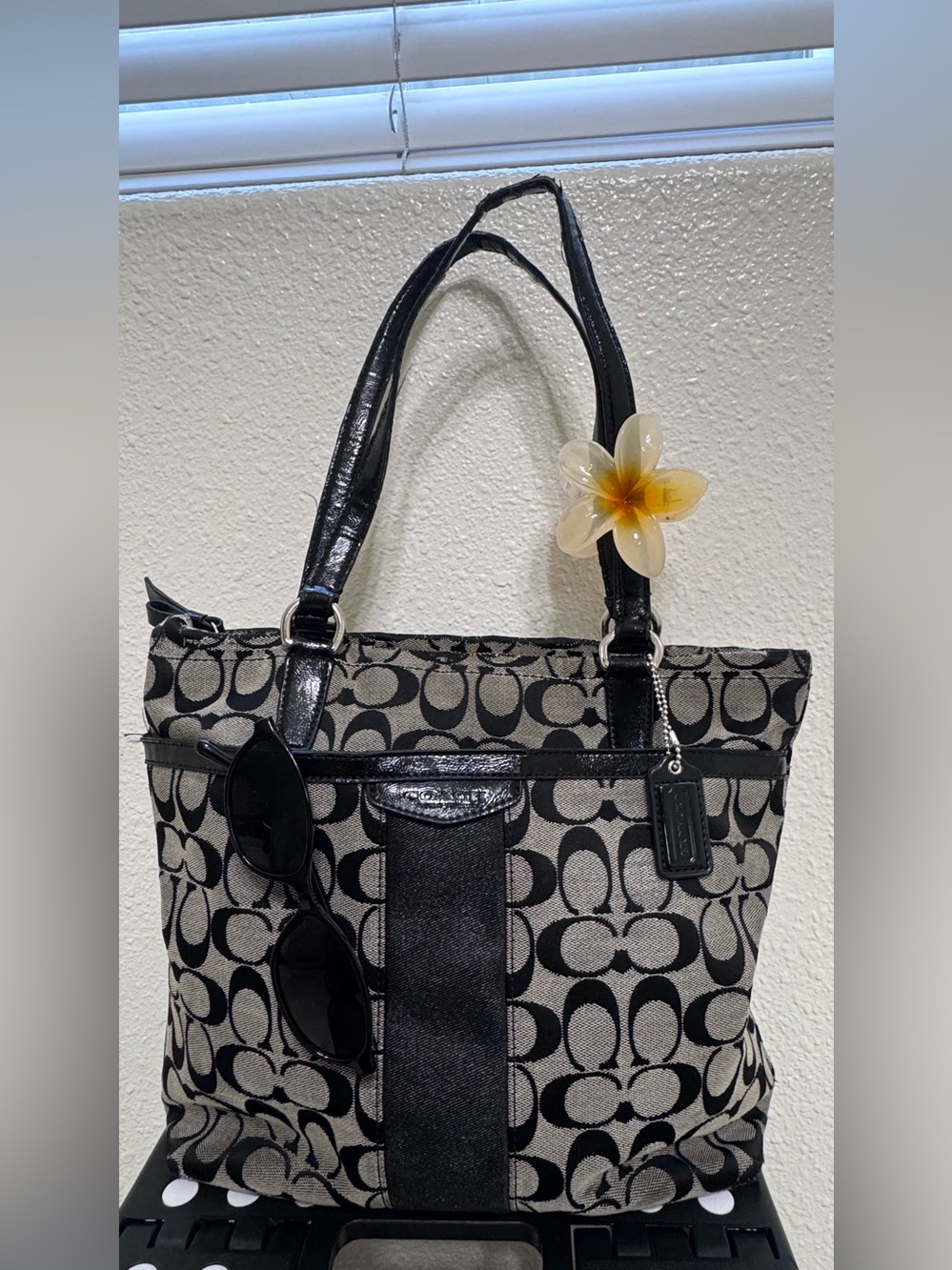Coach Black and Beige Signature Canvas Shoulder Bag